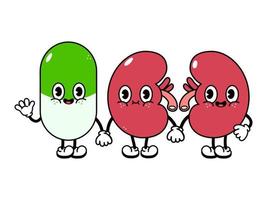 Cute, funny happy kidneys and pill character. Vector hand drawn cartoon kawaii characters, illustration icon. Funny cartoon kidneys and pill friends concept