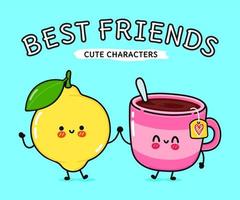 Cute, funny happy cup of tea and lemon character. Vector hand drawn cartoon kawaii characters, illustration icon. Funny cartoon cup of tea and lemon friends concept