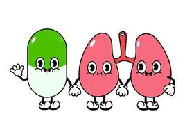 Cute, funny happy lungs and pill character. Vector hand drawn cartoon kawaii characters, illustration icon. Funny cartoon lungs and capsule friends concept