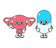 Cute, funny happy uterus and pill character. Vector hand drawn cartoon kawaii characters, illustration icon. Funny cartoon uterus and pill friends concept