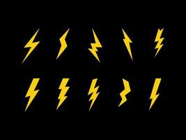 Set of Lightning flat icons. Thunderbolts icons isolated on black background. Vector illustration