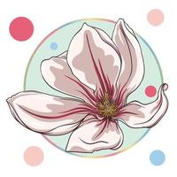 pink magnolia flower, lotus flower, isolated in a turquoise circle on a white background with colorful dots. green leaves, open buds, closed buds, pink flowers. vector illustration. abstraction