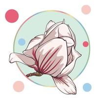 pink magnolia flower, isolated in a turquoise circle on a white background with colorful dots. green leaves, open buds, closed buds, pink flowers. vector illustration. abstraction