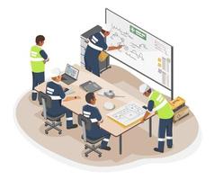 African American black people Technician and engineer meeting working together process Maintenance planing in conference room industrial worker concept illustration isometric isolated vector