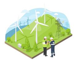 Wind energy Eco concept Electricity Engineer using tablet inspecting and maintaining with Technician maintenance at transmissian tower high volt  from windmill power plant isometric vector