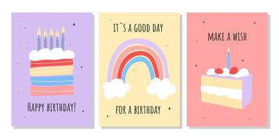 Set of greeting cards for celebration birthday. Hand drawn trendy cartoon cake, happy birthday lettering. Vector illustration