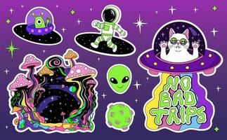 Astronauts and Alien in space, psychedelic mushrooms. Space groovy stickers vector