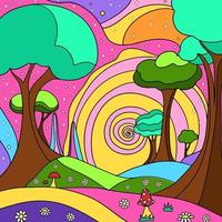 Retro psychedelic groovy landscape. Vintage hippie background vector