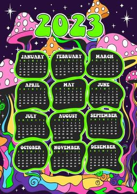 cartoon 2023 year Calendar. Creative psychedelic vector poster