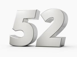 Silver 3d numbers 52 Fifty two. Isolated white background 3d illustration photo