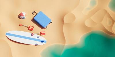 Sandy beach with toys suitcase and surfboard photo