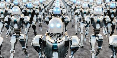 Many chrome robots in lines 3d render photo