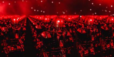 Spooky robots with glowing red neon eyes. Robots have turned against humans 3d render photo