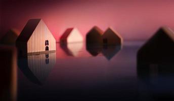 Environment Issue Concept. Wooden Miniature House in Flood. Environmental Impact. Global Issues, Desertification, Water, Pollution, Energy and Climate Change. Dark tone photo