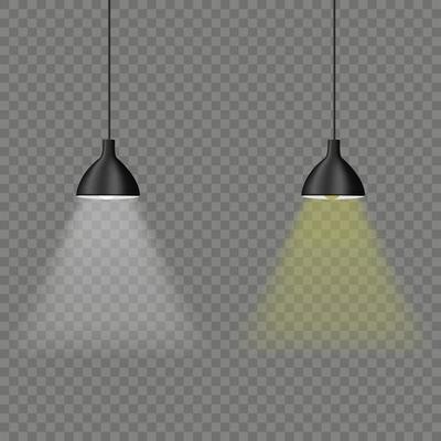 Ceiling lights with yellow and white bulbs, isolated on transparent background