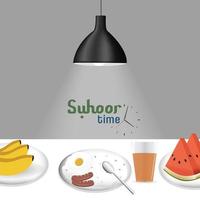 Ramadan Illustration - Suhoor scene with food on table and hanging lamp, Ramadan month theme vector