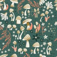 Mushroom and flower seamless pattern with beautiful florals, leaves and buds. Beautiful woodland garden in nature. Colorful vector illustration.