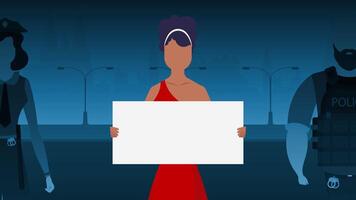 A woman protests with a banner against the backdrop of the city. The concept of expressing thoughts, dissatisfaction and protests. Vector illustration.