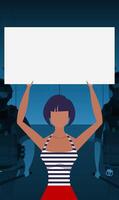 A woman protests with a banner against the backdrop of the city. The concept of expressing thoughts, dissatisfaction and protests. Vector illustration.