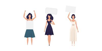 A set of Girls in full growth with a banner in their hands. Isolated. Flat style. Vector. vector