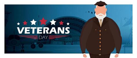 Veterans day banner with a wished man in uniform. Cartoon style. vector