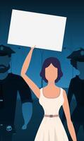 A woman protests with a banner against the backdrop of the city. The concept of expressing thoughts, dissatisfaction and protests. Vector illustration.