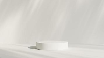 Abstract white room with realistic white cylinder pedestal podium set and leaf shadow overlay. Minimal scene for product display presentation. geometric platform stage for showcase. photo