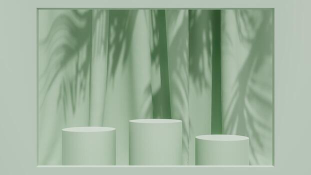 Abstract realistic cylinder pedestal podium set and palm leaf shadow overlay. Minimal scene for product display presentation. geometric platform stage for showcase. photo