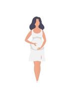 Pregnant girl in full growth. Well built pregnant female character. Isolated on white background. Vector illustration in cartoon style.