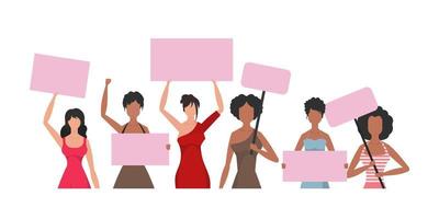 A large set of girls who came out to protest. The rebellious girl is shown to the waist. Isolated. Cute illustration in flat style. vector