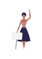 Full length woman protesting with a banner. Isolated on white background. Flat style. . vector
