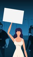 A woman protests with a banner against the backdrop of the city. The concept of expressing thoughts, dissatisfaction and protests. Vector illustration.