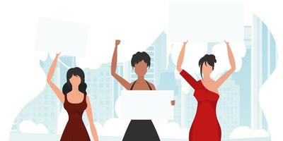A group of girls came out to protest. Banner in blue tones. Vector illustration.