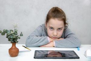 pretty girl sits at a table with her head resting on her folded hands in front of a tablet where her face is reflected photo