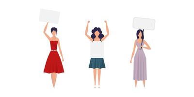 A set of Girls in full growth with a banner in their hands. Isolated on white background. Flat style. Vector. vector