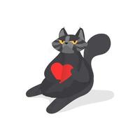 Funny gray cat. A cat with a serious look. A chubby cat sits funny with a heart in its paws. Good for designer cards or t-shirts. Vector illustration