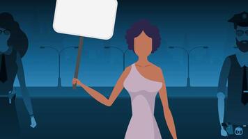 A woman protests with a banner against the backdrop of the city. The concept of expressing thoughts, dissatisfaction and protests. Vector illustration.