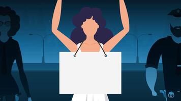 A woman protests with a banner against the backdrop of the city. The concept of expressing thoughts, dissatisfaction and protests. illustration. vector