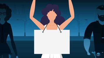 A woman protests with a banner against the backdrop of the city. The concept of expressing thoughts, dissatisfaction and protests. Vector illustration.