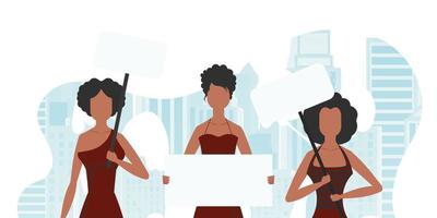 A group of girls came out to protest. Banner in blue tones. Vector illustration in a flat style.