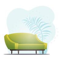 Beautiful sofa and houseplant. Background with space for your character. Cartoon style. vector