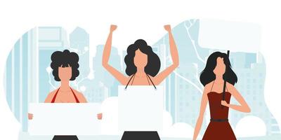 A group of girls came out to protest. Banner in blue tones. Vector illustration in a flat style.