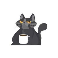 gato abraza una gran taza de café. ilustración vectorial para cafeterías. aislado sobre fondo blanco. se puede utilizar para menú, logotipo o volante, tarjeta de felicitación, camiseta de diseño, impresión o póster. vector