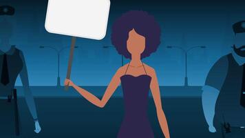 A woman protests with a banner against the backdrop of the city. The concept of expressing thoughts, dissatisfaction and protests. Vector illustration.