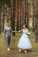 young couple bride in a white short dress and groom in a gray suit in a pine forest photo