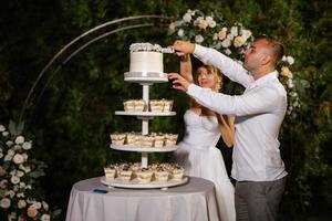 newlyweds happily cut and taste the wedding cake photo