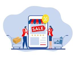 shopping with mobile app on their smartphones,man and woman shopping online store sale,discount,promot,special,percent, vector design