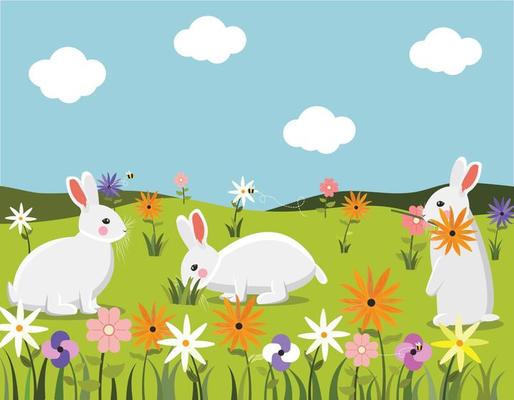 Bunch of White Rabbits Vector Illustration. Bunnies standing on ground with colorful flowers and green grass