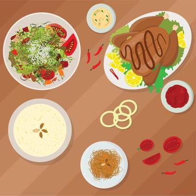 Dinner table vector illustration with sweet dishes, salad and roasted chicken