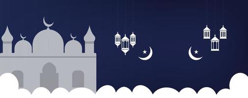 islámico antecedentes con mezquita creciente Luna y linterna. Ramadán kareem festival celebracion islámico bandera. Ramadán Mubarak religioso islámico saludos. lamparas decoración ornamental linterna incendio. vector